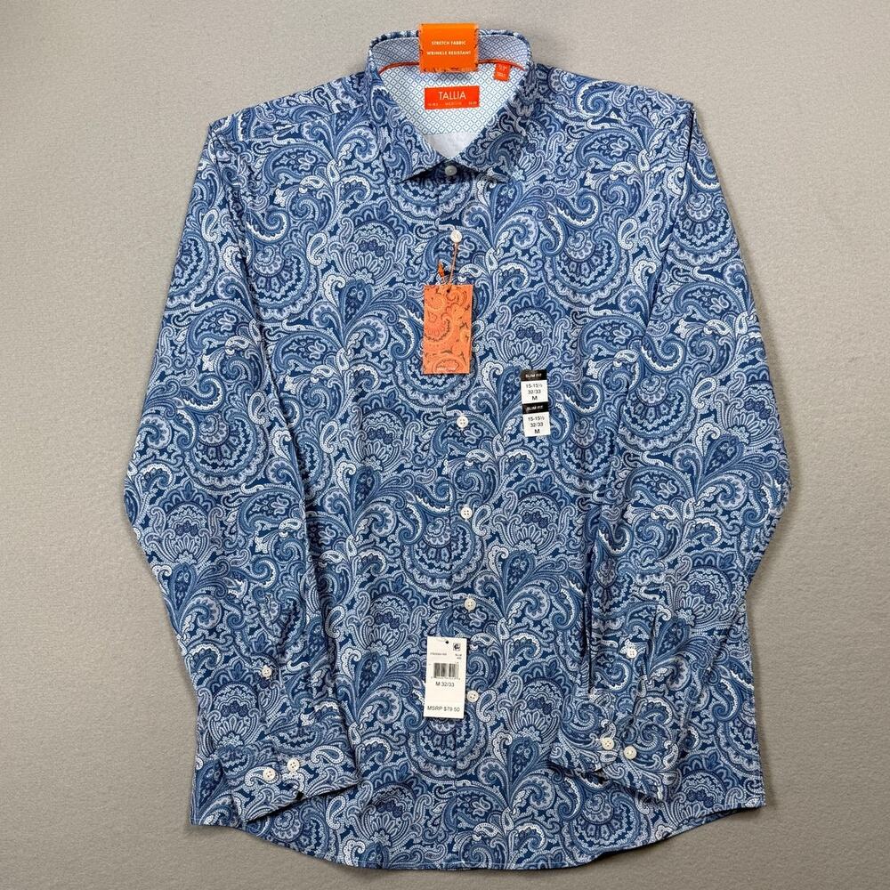 Tallia Men's Slim-Fit Paisley Dress Shirt - Blue 15-15.5 32-33 $80